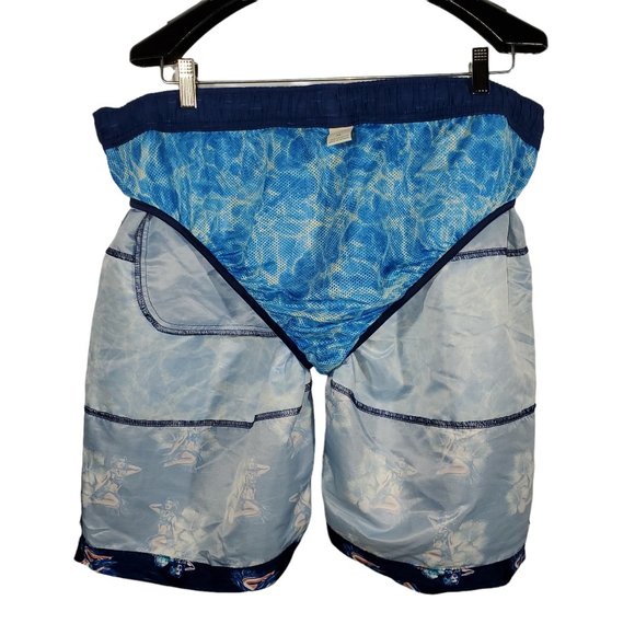 Caribbean Swimwear Board Shorts Navy Blue Colorblock Hawaiian Pin Up Floral - Picture 5 of 7